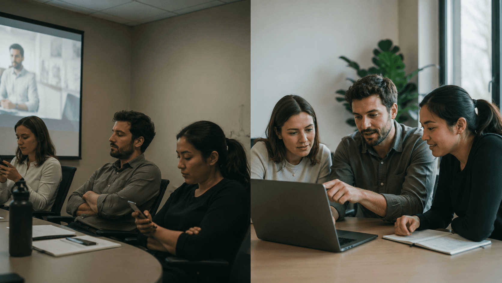Split image: three coworkers disengaged during a training video, then the same team collaborating closely around a laptop