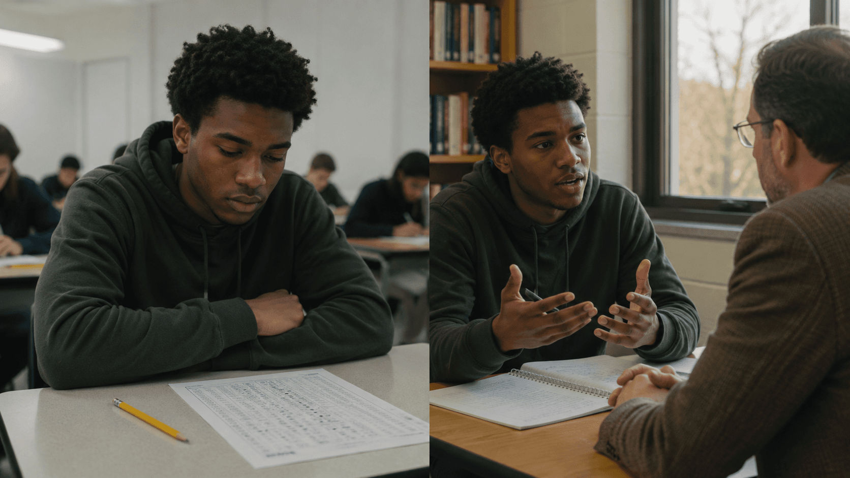 Split image: a student staring blankly at a multiple-choice answer sheet, then explaining a concept aloud during an office-hours conversation
