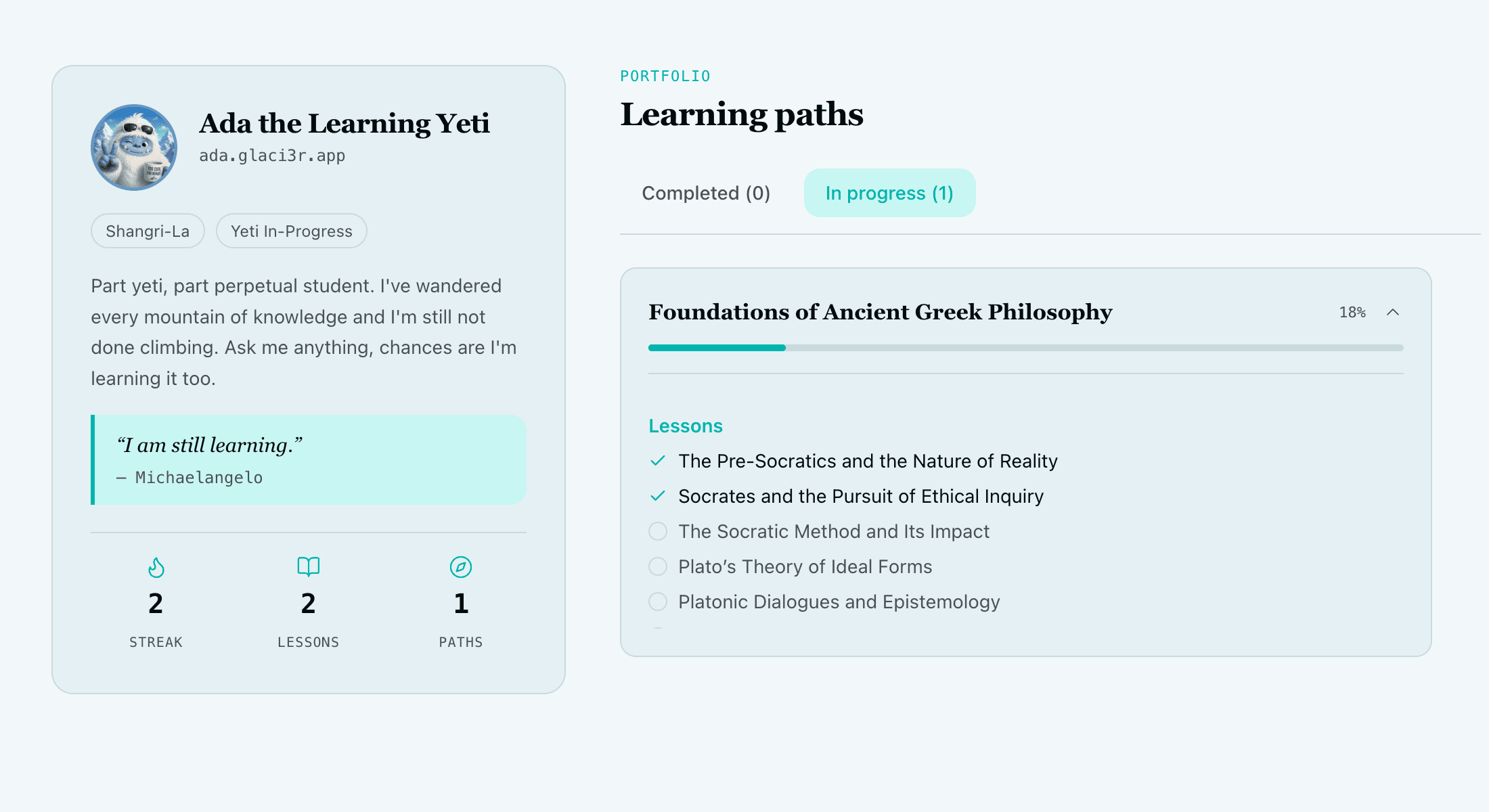 Glaci3r public profile showing a learner's streak, lessons, and learning paths